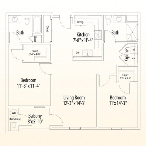 Floor plan for 2 beds, 2 baths, 998 sqft